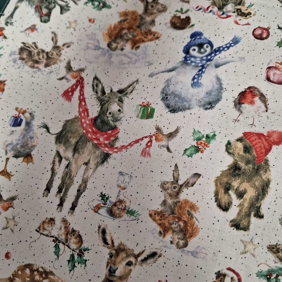 Thumbnail: One Snowy Day - mixed Christmas animal fabric. Wrendale fabric by Hannah Dale
