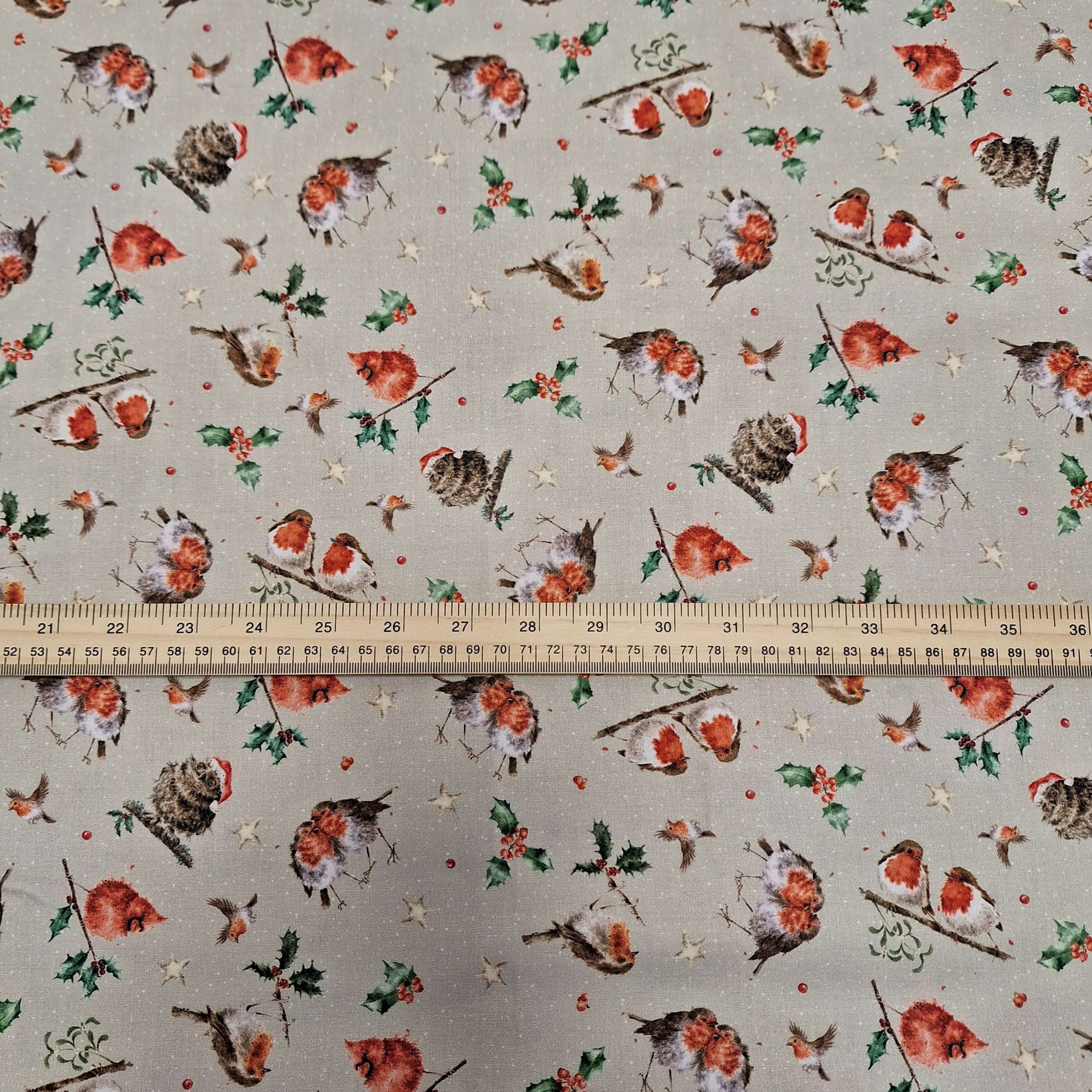 One Snowy Day - mixed Christmas birds fabric on Grey. Wrendale fabric