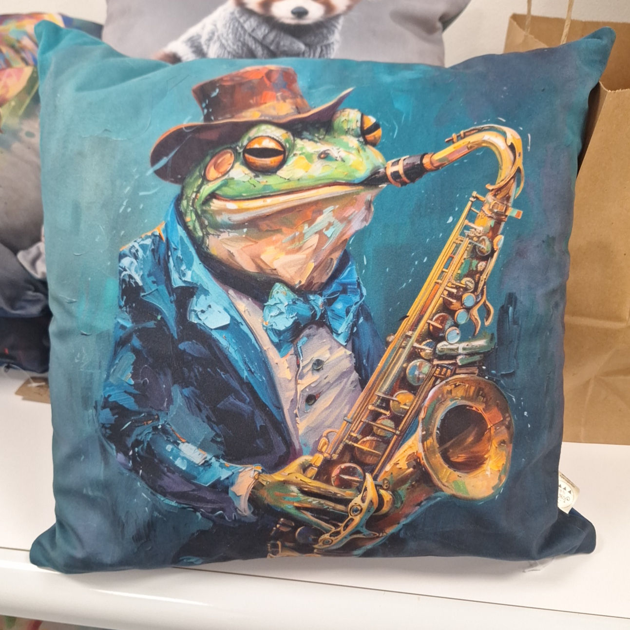 Frog playing the Sax Velvet Cushion