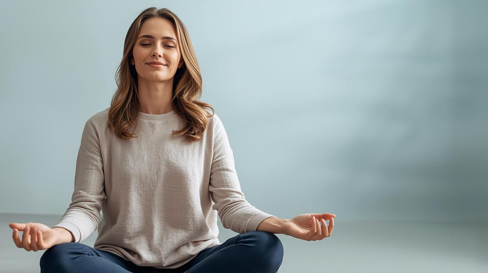 Woman sits cross-legged in meditation, eyes closed, smiling. She's wearing a light sweater, against a soft blue background, looking serene.