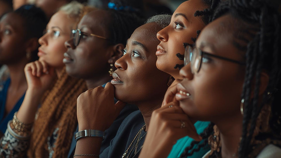 Five people in profile view gaze upward attentively, chin on hand. Warm lighting highlights their concentrated expressions.
