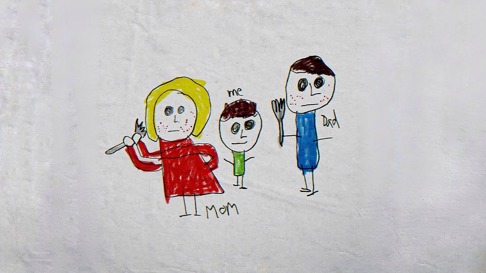 Child's drawing of a family: mom in red with a knife, dad in blue waving, and a child in green. Labeled "Mom," "Dad," and "Me" on white background.
