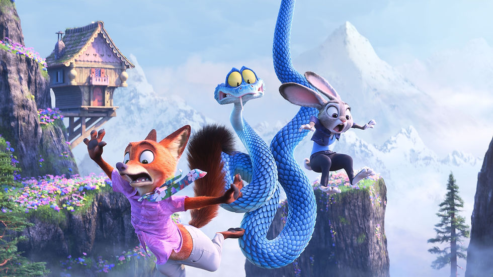 Fox, rabbit, and snake leap between cliffs with snowy mountains behind. The fox looks surprised in a pink shirt, amidst a vibrant setting.