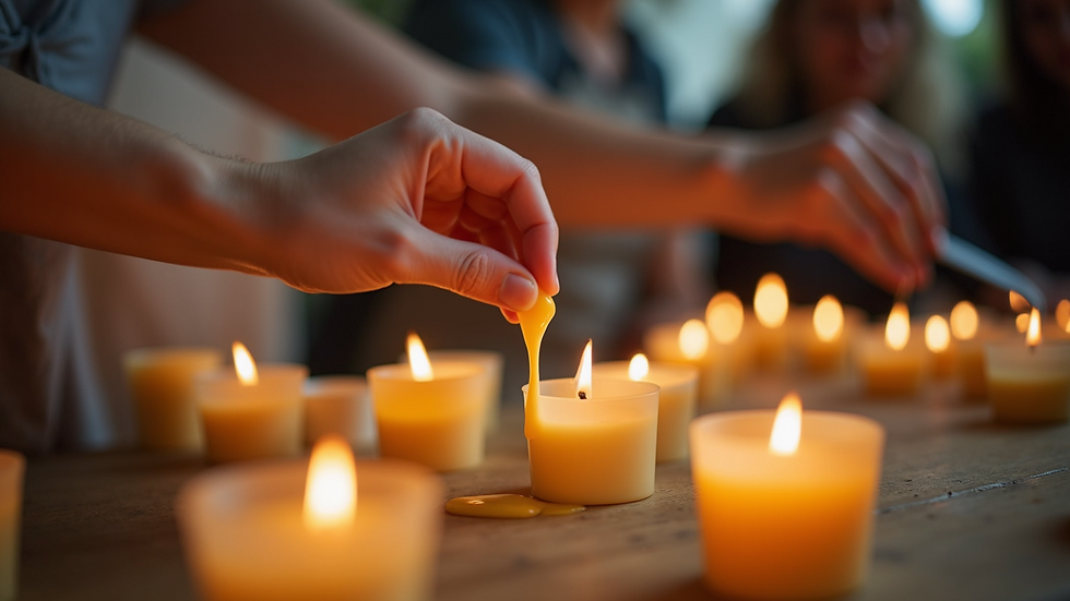 Eye-level view of a candle making class in session with participants pouring wax