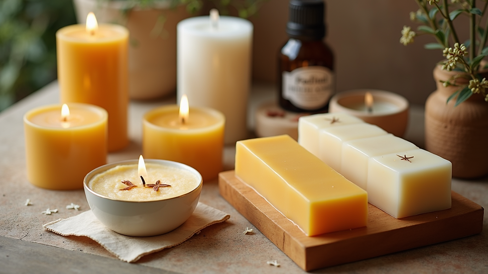 High angle view of candle making supplies including wax blocks and fragrance oils