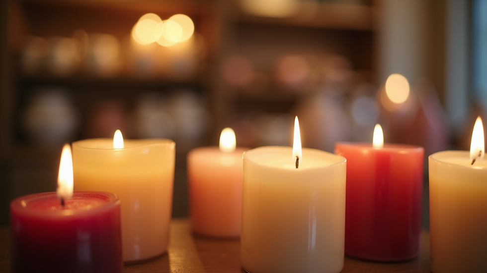 Eye-level view of various scented candles on display