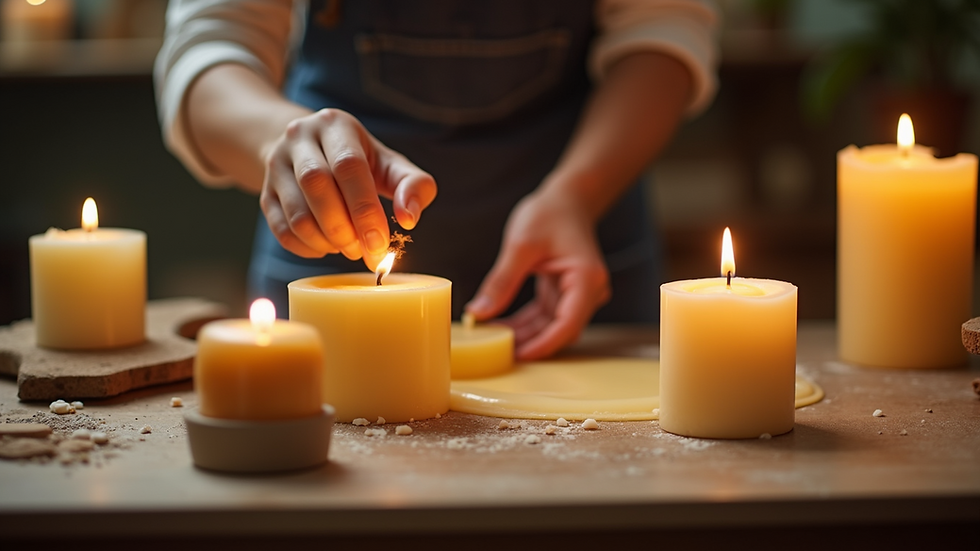 Close-up view of a candle making workshop table with wax and molds