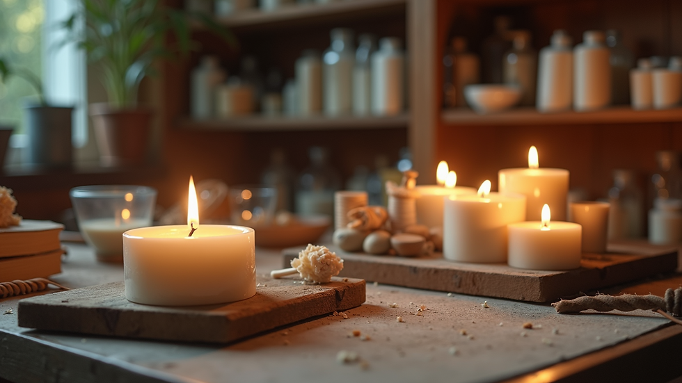 Eye-level view of a candle maker’s workspace with various candle supplies