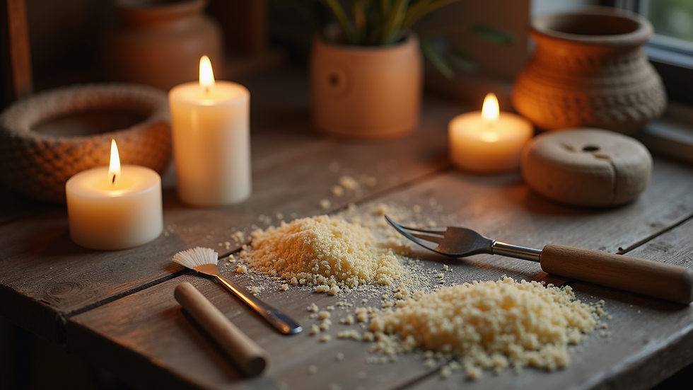 High angle view of candle making tools and materials on a table