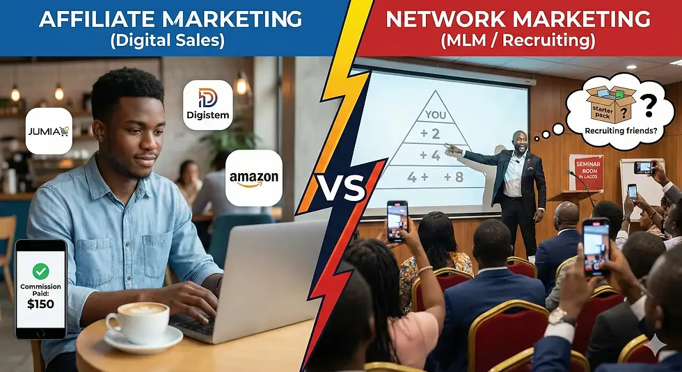 Comparison of peaceful affiliate marketing lifestyle versus stressful network marketing seminar in Nigeria.