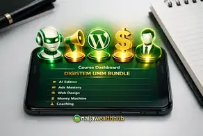 Smartphone displaying the 5-in-1 modules of the Digistem UMM course including AI, Ads Mastery, and Web Design.