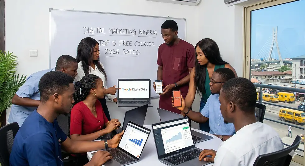 Young Nigerians learning digital marketing in a modern Lagos tech hub.