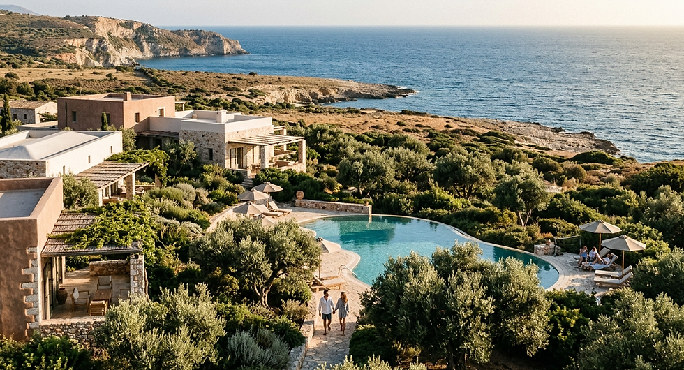 Luxury seaside Kefalonia resort with pool, a couple walking through greenery, guests relaxing, and rocky cliffs over the blue sea.