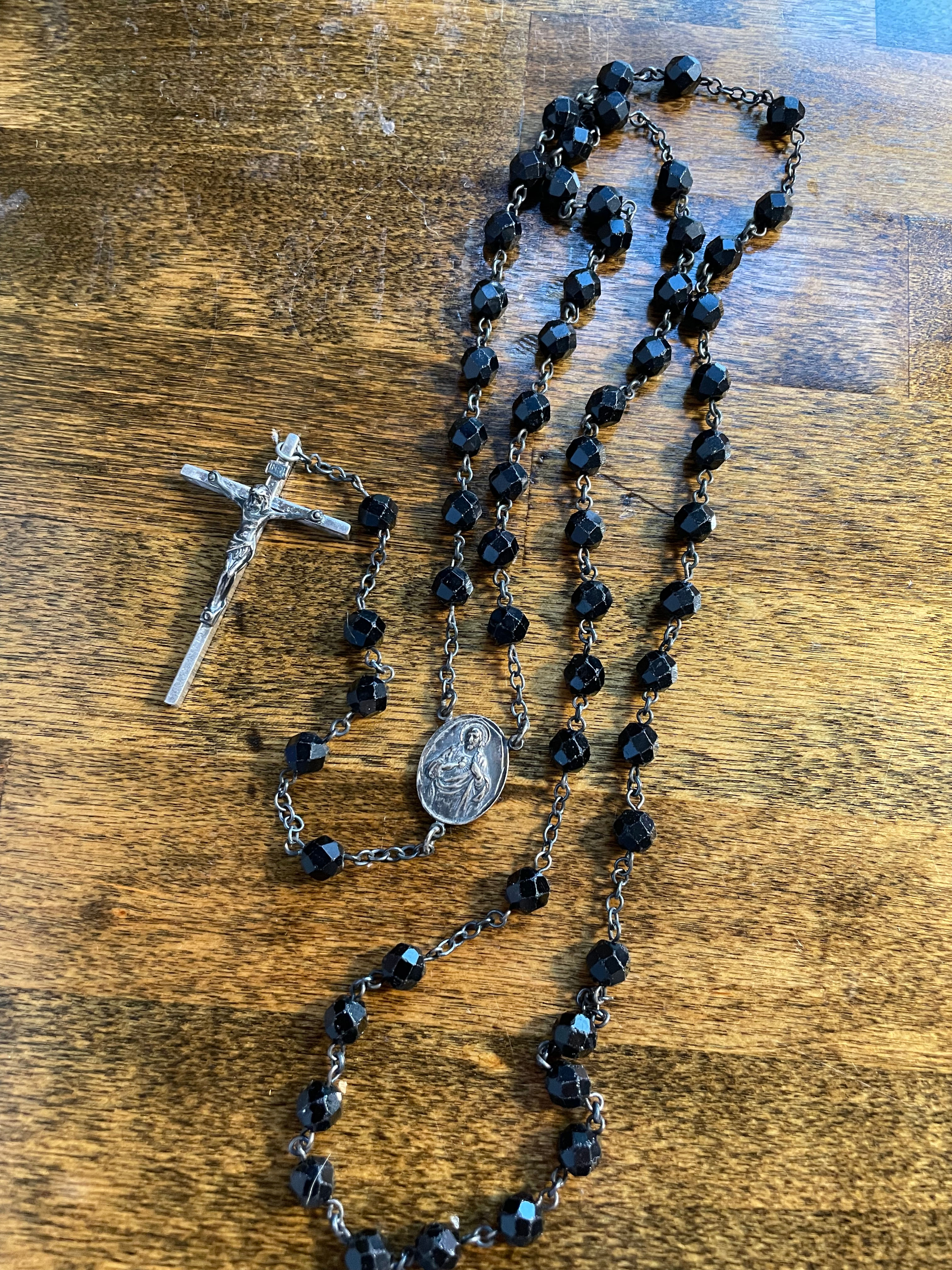 Antique Sterling Silver Rosary with Faceted Black Glass Beads