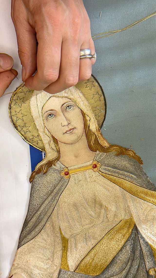 Restoring halo goldwork on Our Lady of Grace