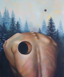 Surreal oil painting of a human back with a hole and pines in the background