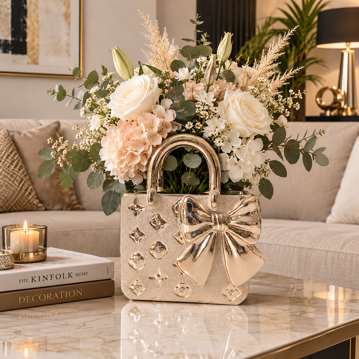 Vase sac nœud champagne, inspiration Louis Vuitton.