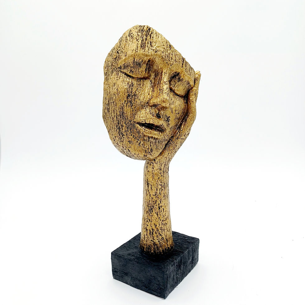 Miniature : Statue au visage strié sur socle "j'entends rien!!"