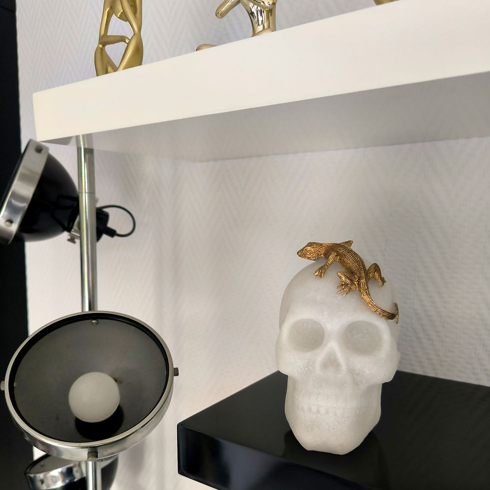 Tête de mort blanche avec lézard doré posé sur une étagère.