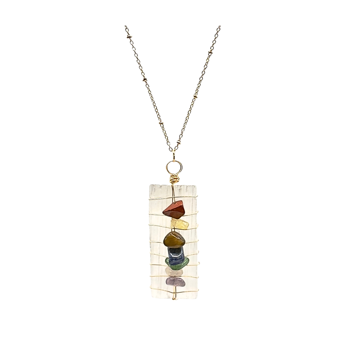 Selenite stick pendant with chakra chip beads, 32-36" stainless steel chain in g
