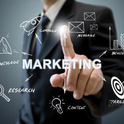A graphic representing a man pointing towards marketing tools 