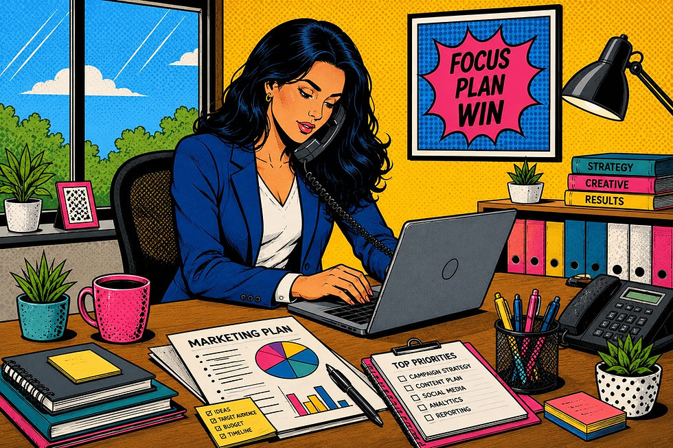 Woman sitting at desk with marketing plan typing on computer