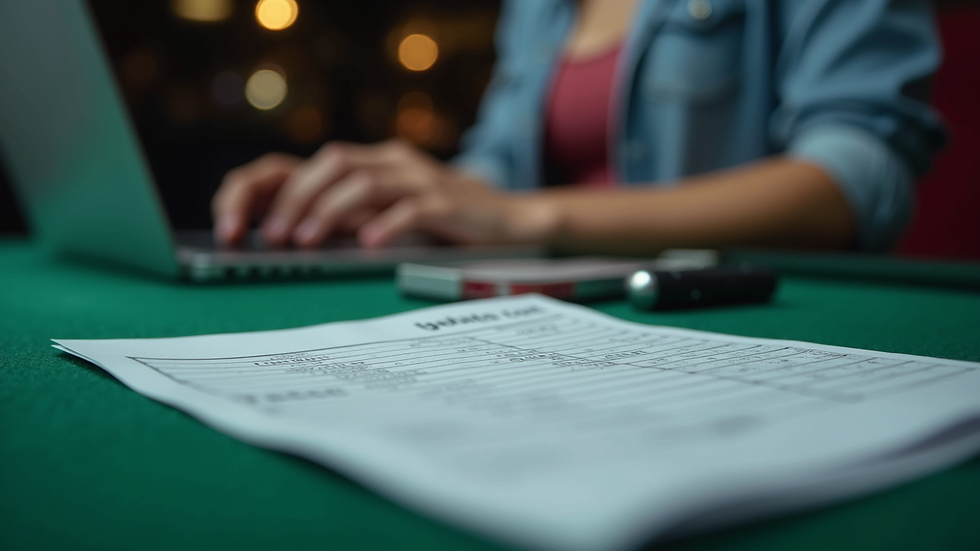 Eye-level view of a sports betting setup with a laptop and betting slips