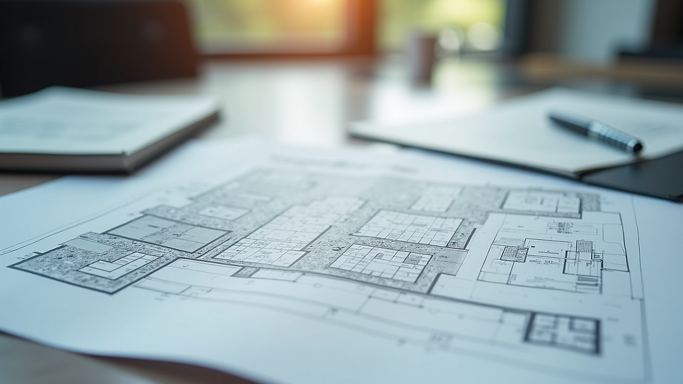 Close-up view of detailed architectural plans and site maps on a desk