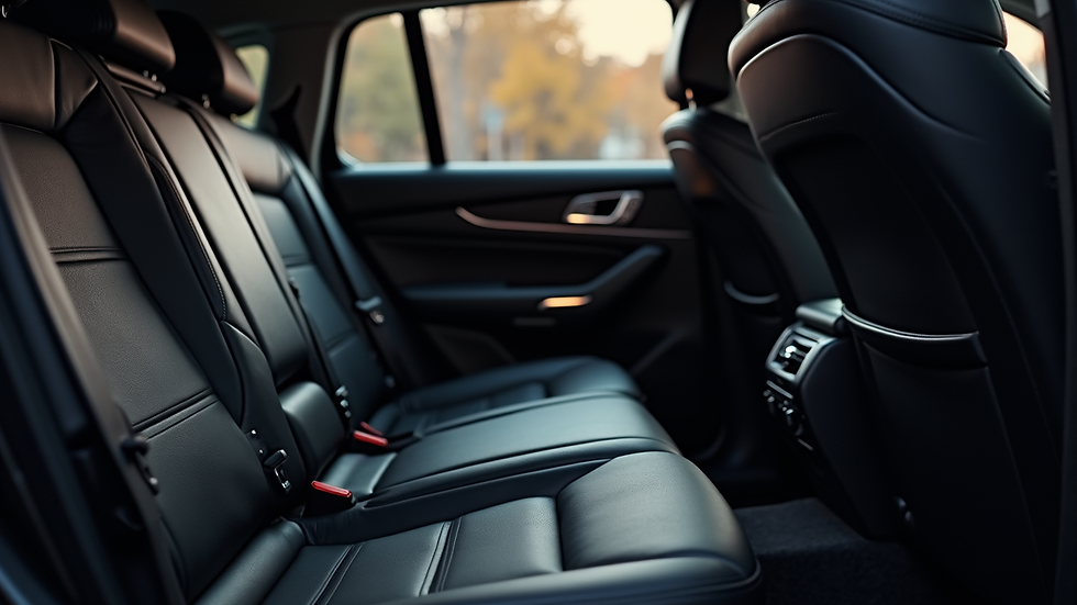 Close-up view of a luxury black SUV interior with leather seats and ambient lighting