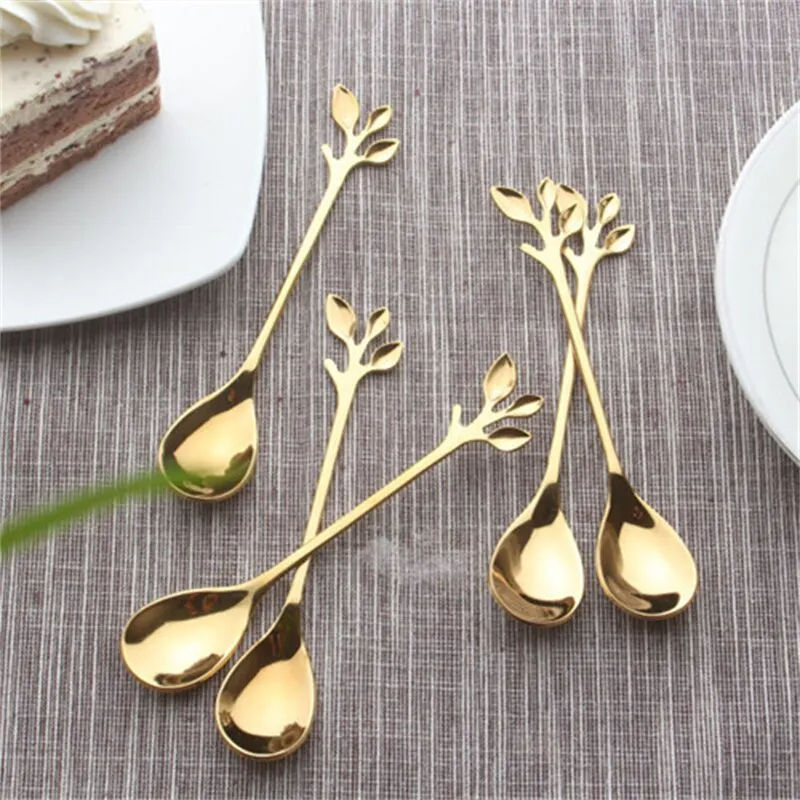 6pçs minimalista artesanal. Colheres cor ouro. Aço inoxidável forma de folhas