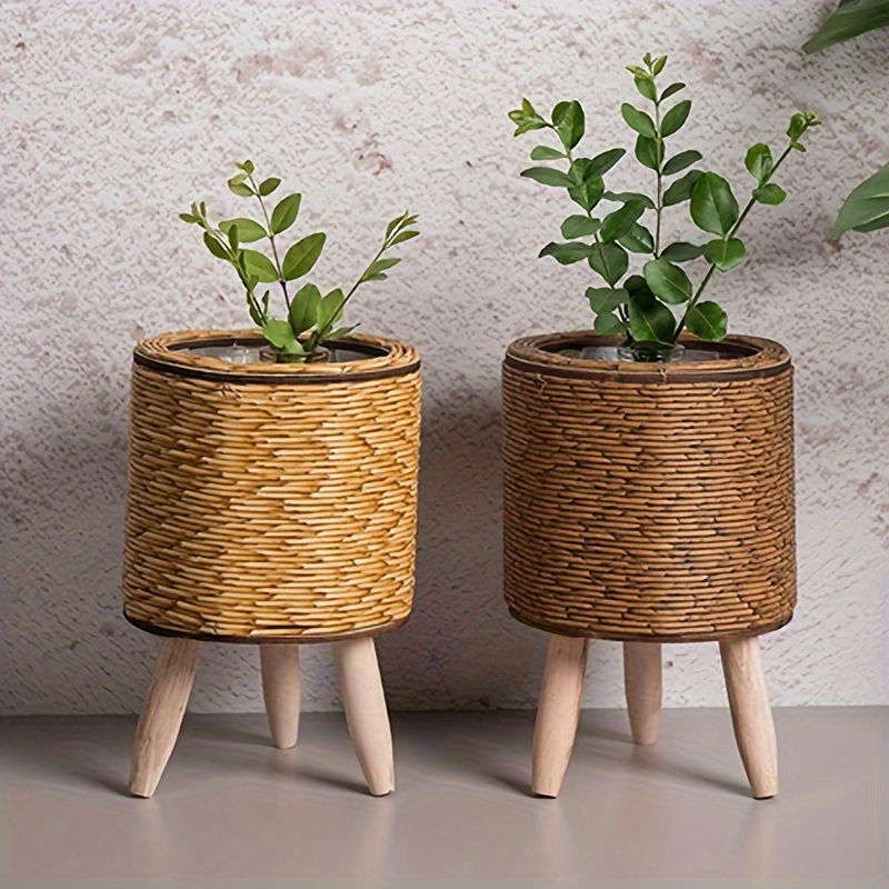 Vaso Vintage Rattan Rústico P Plantas com Pernas De Madeira, Versátil Woven