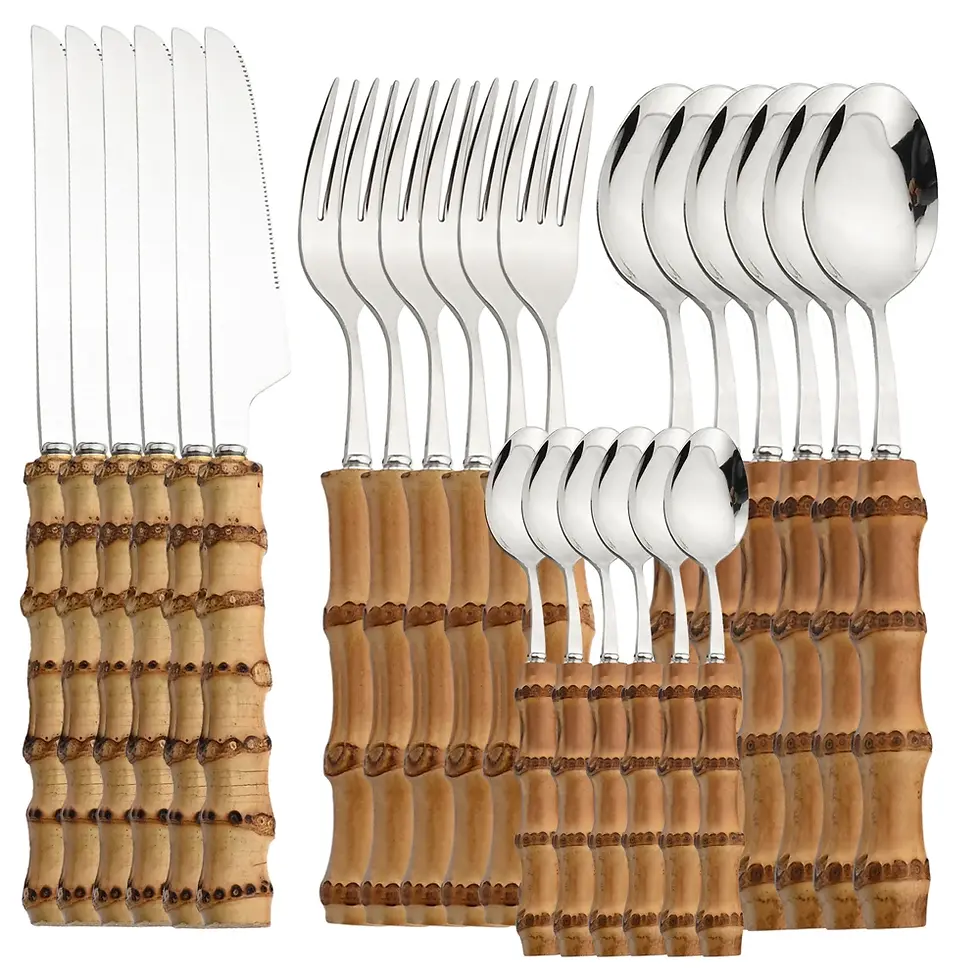Miniatura: 24 pçs conjuntos de talheres de bambu de aço inoxidável Super elegante Oriental
