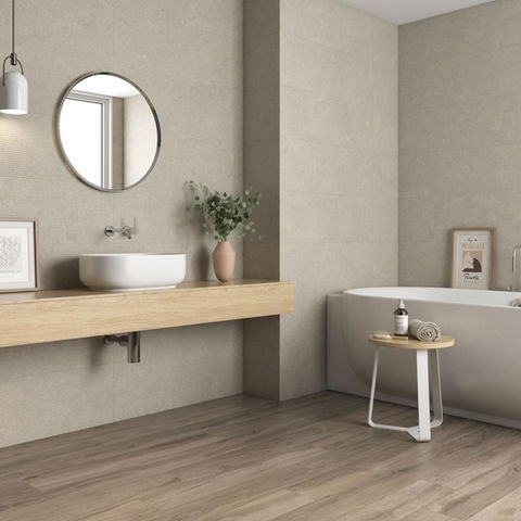 Wood effect tiles in a bathroom setting