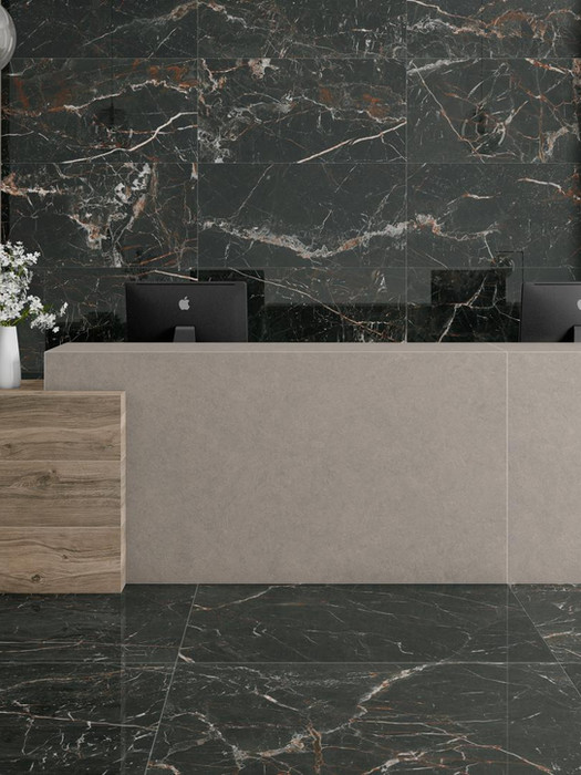 Armatile Laurants Brown marble-effect porcelain wall and floor tiles in contemporary bathroom interior