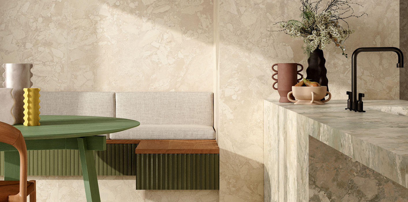 Armatile Alvarra stone-effect porcelain tiles used on contemporary kitchen island