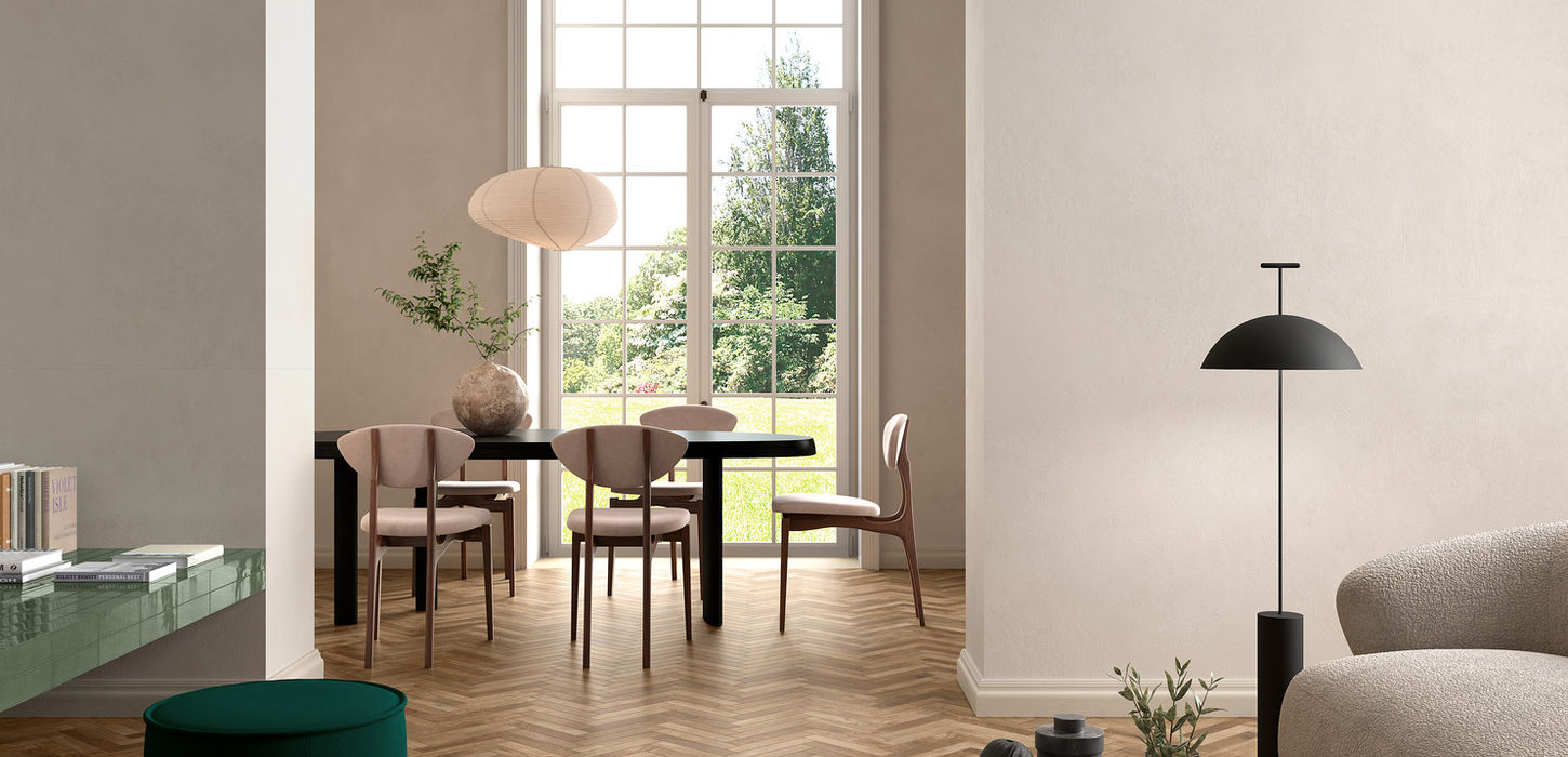 Armatile Velden wood-effect porcelain herringbone floor tiles in contemporary living room interior