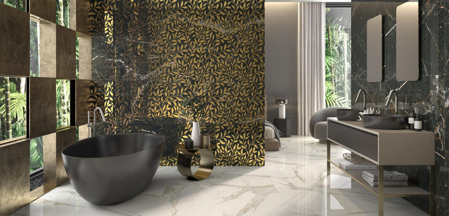 Armatile Laurants Brown marble-effect porcelain wall and floor tiles in modern bathroom interior