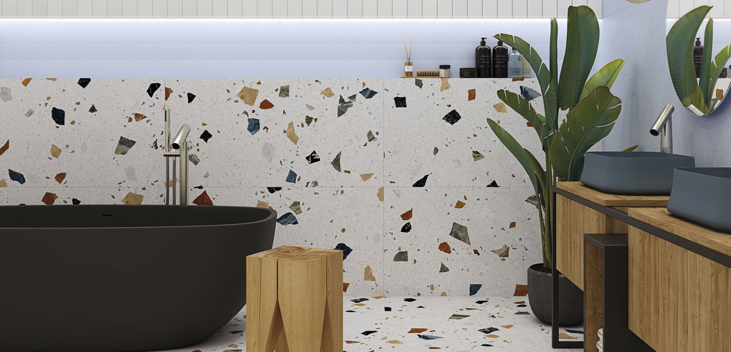 Armatile Nacar terrazzo-effect porcelain floor tiles in contemporary bathroom interior