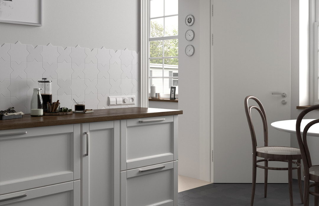 Armatile Constellation geometric porcelain floor tiles in contemporary kitchen interior