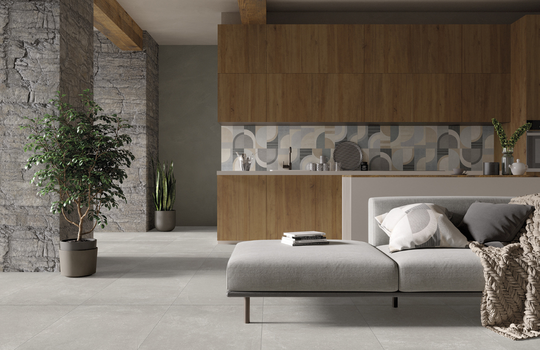 Armatile Base concrete-effect porcelain floor tiles in contemporary living room interior