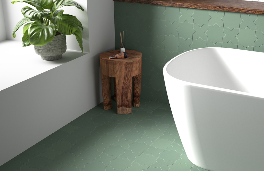 Armatile Constellation green geometric porcelain floor tiles in modern bathroom interior