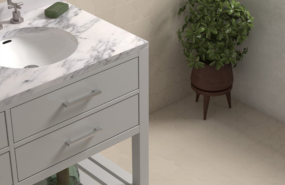 Armatile Constellation geometric porcelain floor tiles in contemporary bathroom interior