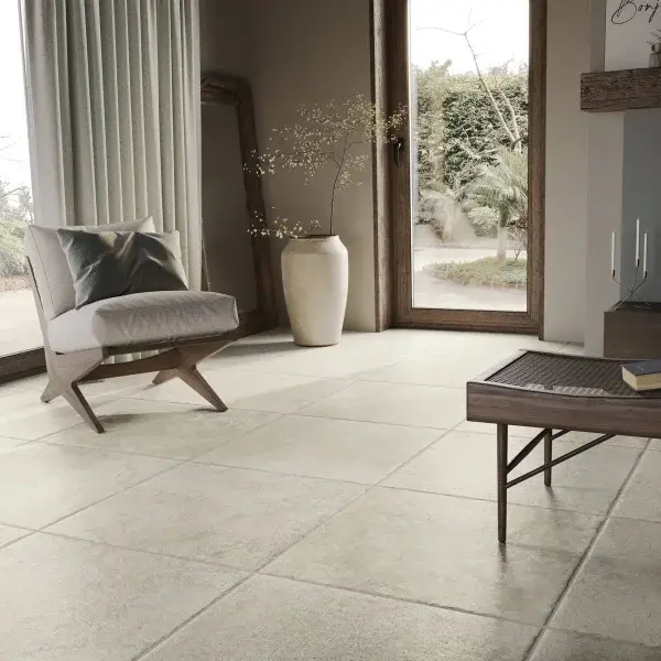 Armatile Chateau stone-effect porcelain floor tiles in contemporary living room interior