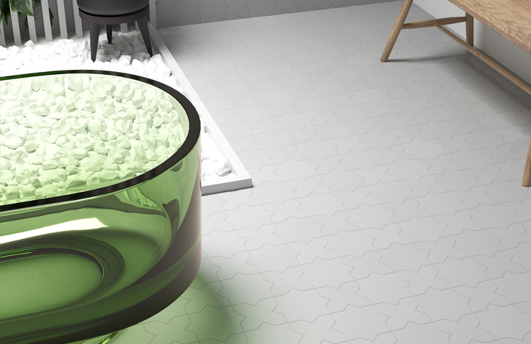 Armatile Constellation white geometric porcelain floor tiles in modern bathroom interior