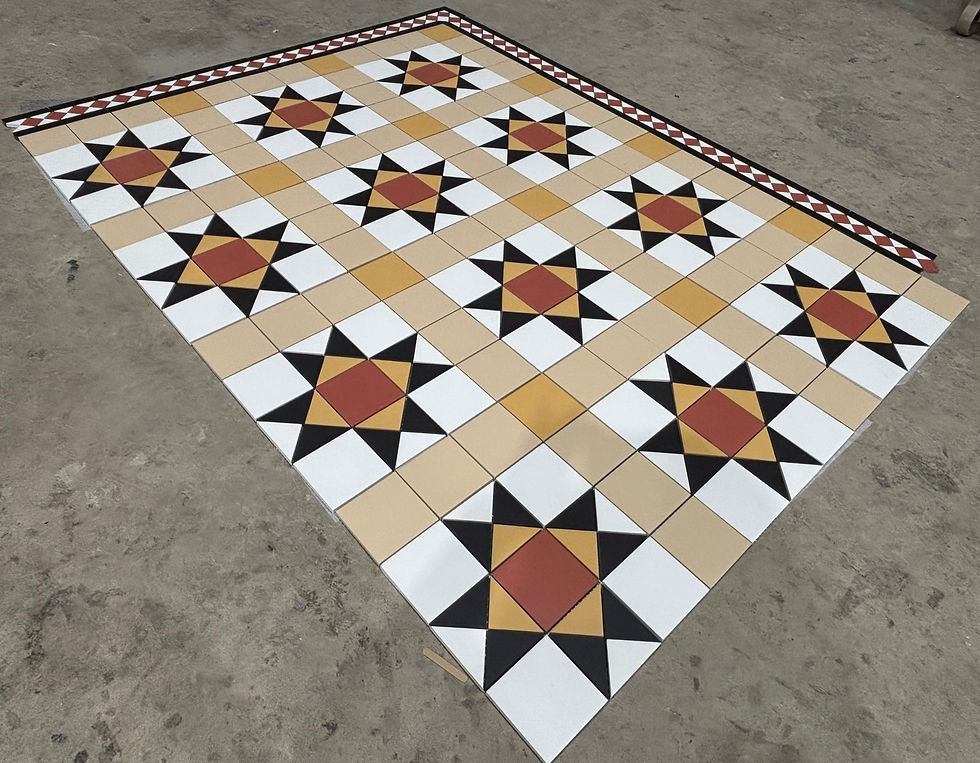 Victorian geometric floor design in black, yellow, red, beige, and white