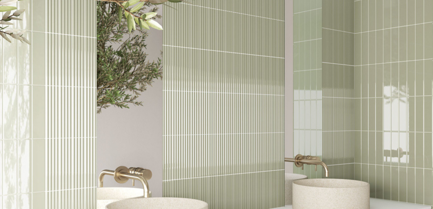 Armatile Costella green porcelain wall tiles in modern bathroom interior