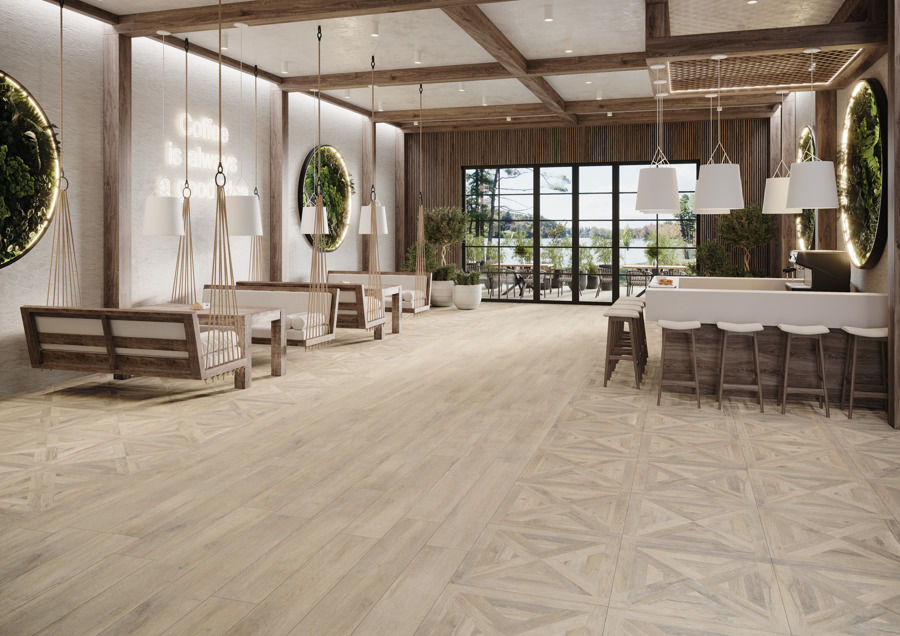 Armatile Heritage Grain wood-effect porcelain floor tiles in parquet pattern in contemporary dining space