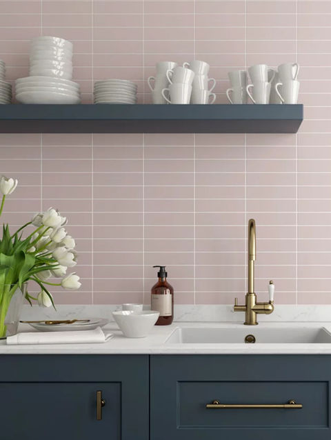 Kitchen Tile Inspiration using neutral pink brick effect tiles in teal blue kitchen setting