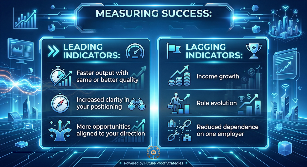 Futuristic graphic titled "Measuring Success" contrasts leading indicators (output, clarity, opportunities) with lagging indicators (income, role, dependence).