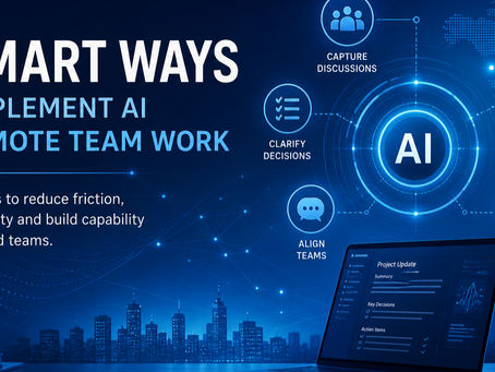 Cover page for the article, blue tones, 5 smart ways to implement AI in remote team work.